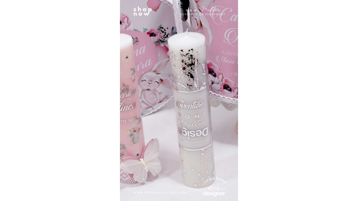 Lumanare botez scurta cu fluturi si print folio silver argintiu Spring Butterfly 2